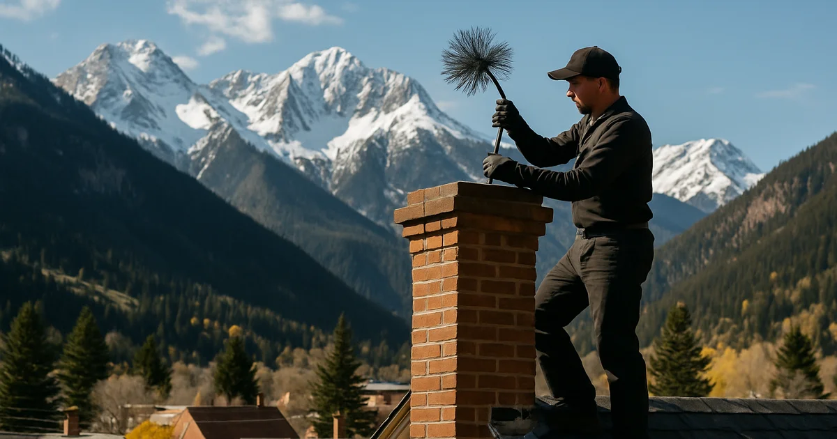 Chimney sweep working on a brick chimney with the San Juan Mountains behind, Durango, CO