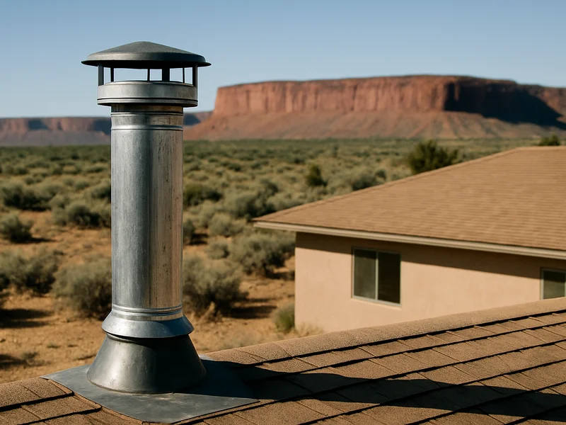 Capped metal flue on a high-desert home in Cortez, CO