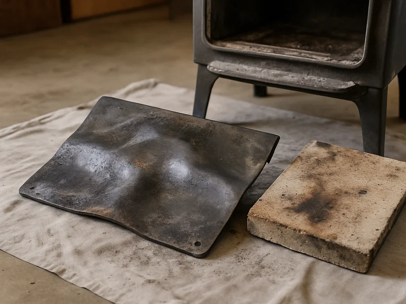 A warped baffle plate removed from a wood stove