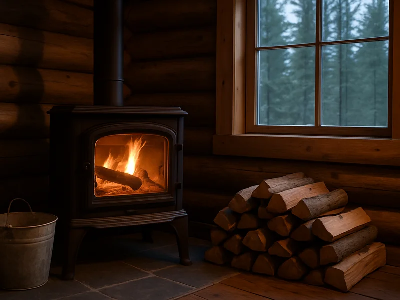 Wood stove in a log cabin near Bayfield, CO