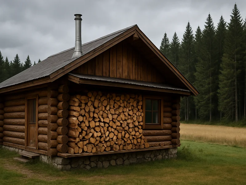 Log home with woodpile and flue pipe in Bayfield, CO